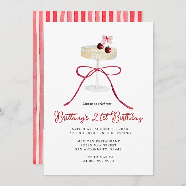 Convite Cherry Red Bow Champagne 21st Birthday Invitation (Frente/Verso)