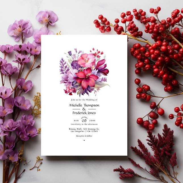 Convite Cherry Red e Heather Purple Floral Casamento outon (Criador carregado)