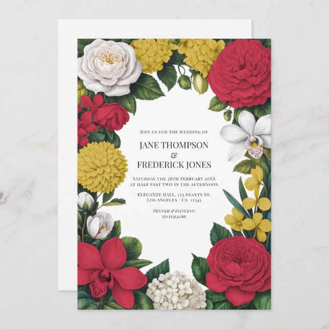 Convite Cherry Red, White & Gold Floral Wedding (Frente/Verso)