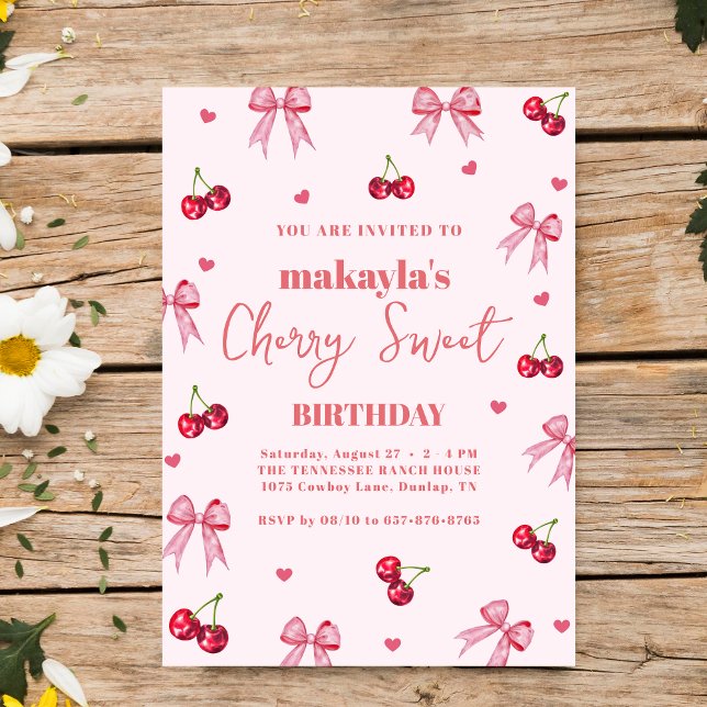 Convite Cherry Sweet Birthday Party Bow Theme Girl  (Criador carregado)