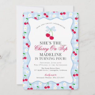 Convite Cherry Sweet Blue Coquette Arco Gingham Birthday