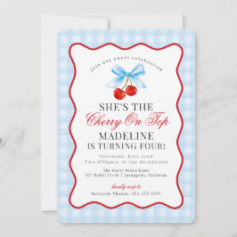 Convite Cherry Sweet Blue Coquette Arco Gingham Birthday
