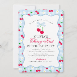 Convite Cherry Sweet Blue Coquette Gingham Primeiro aniver
