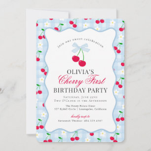 Convite Cherry Sweet Blue Coquette Gingham Primeiro aniver