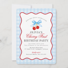 Convite Cherry Sweet Blue Coquette Gingham Primeiro aniver
