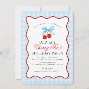 Convite Cherry Sweet Blue Coquette Gingham Primeiro aniver