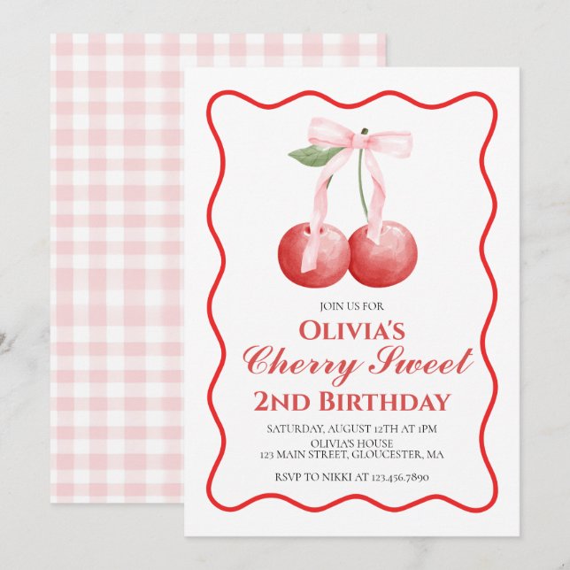 Convite Cherry Sweet Pink Bow préppy aniversário (Frente/Verso)