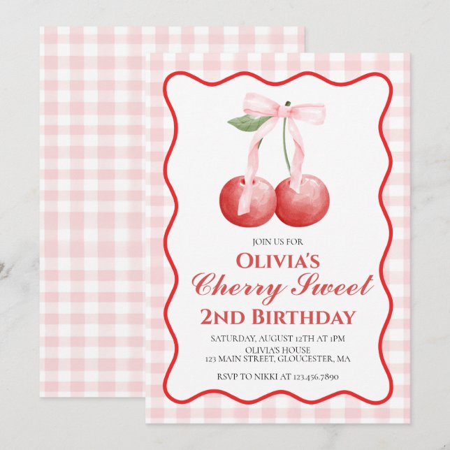 Convite Cherry Sweet Pink Bow préppy aniversário (Frente/Verso)
