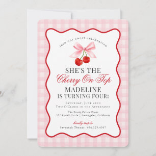 Convite Cherry Sweet Pink Coquette Arco Gingham Birthday