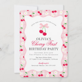 Convite Cherry Sweet Pink Coquette Gingham Primeiro Aniver