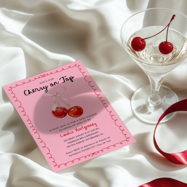 Convite Cherry Whimsical Coquette no Chá de fraldas superi (Cherry on Top Whimsical Baby Shower Invitation )