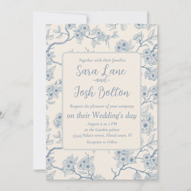 Convite Chery blossom branches in blue and off white (Frente)
