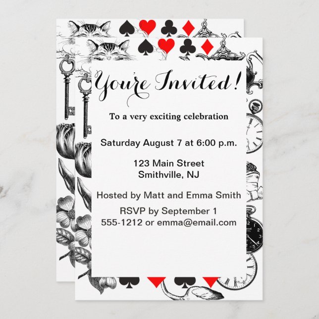 Convite Cheshire Cat Classic Alice em Maravilderland (Frente/Verso)