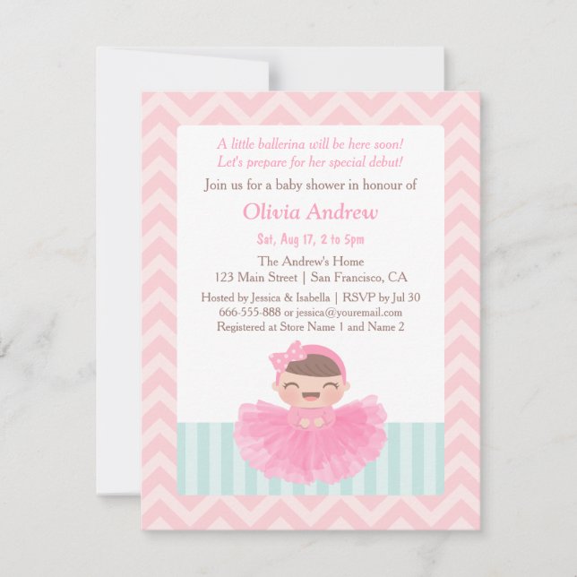 Convite Chevron Ballerina Girl Baby Shower (Frente)