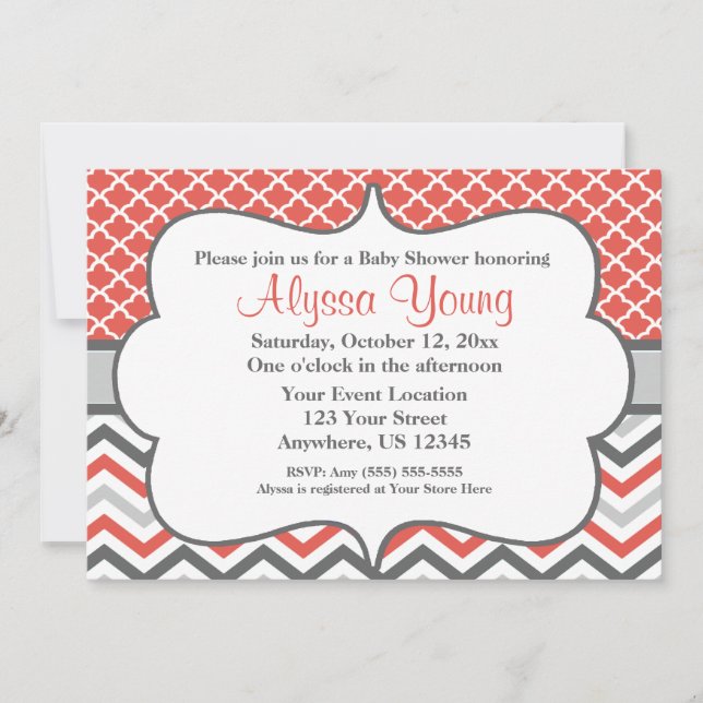 Convite Chevron para Cinza Coral Quatrefoil (Frente)