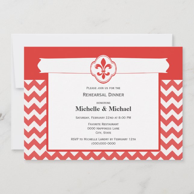 Convite Chevron Pattern Fleur de Lis Event Red and White (Frente)