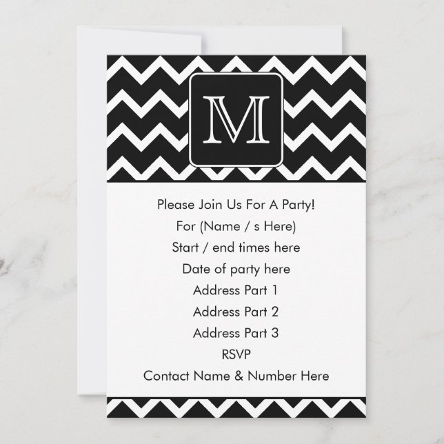 Convite Chevron Preto e Branco com Monograma Personalizado (Frente)