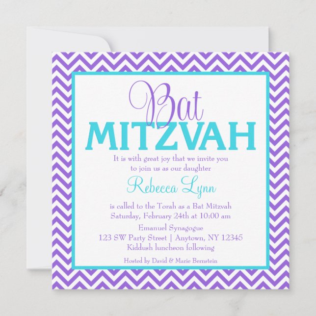 Convite Chevron Purple Teal Blue Bat Mitzvah (Frente)