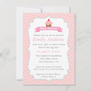 Convite Chevron Rosa, Cupcake Doce, Chá de Bebê