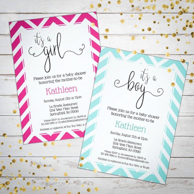 Convite Chevron Rosa Quente É um Chá de fraldas Menino (Criador carregado)