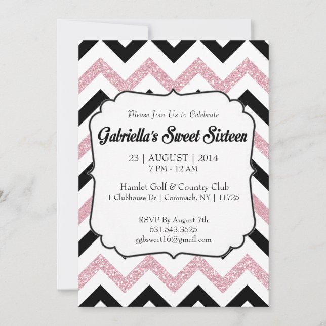 Convite Chevron Sweet 16, Glitter Rosa (Frente)