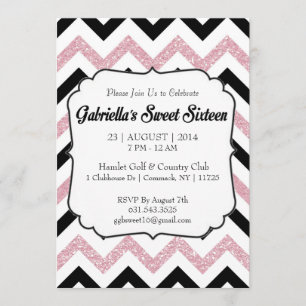 Convite Chevron Sweet 16, Glitter Rosa