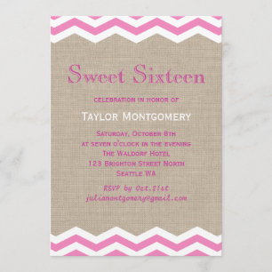 Convite Chevrons cor-de-rosa em Burlap Sweet Sixten Convit