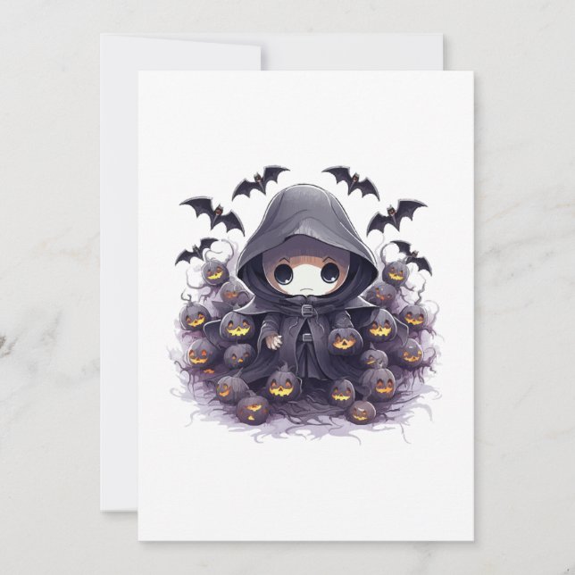 Convite Chibi Grim Reaper Halloween - Adorable Dark Fantas (Frente)