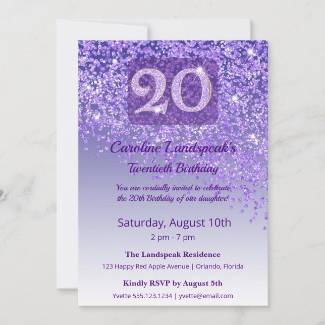 Convite Chic 20º Aniversário Brilho Roxo (Frente)
