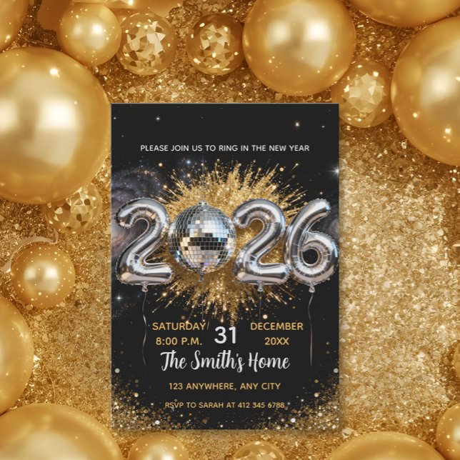 Convite Chic 2026 New Year' Eve Party Gold Glitter Black  (Criador carregado)