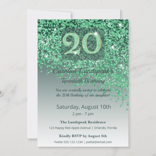 Convite Chic 20th Birthday Green Glitter (Frente)