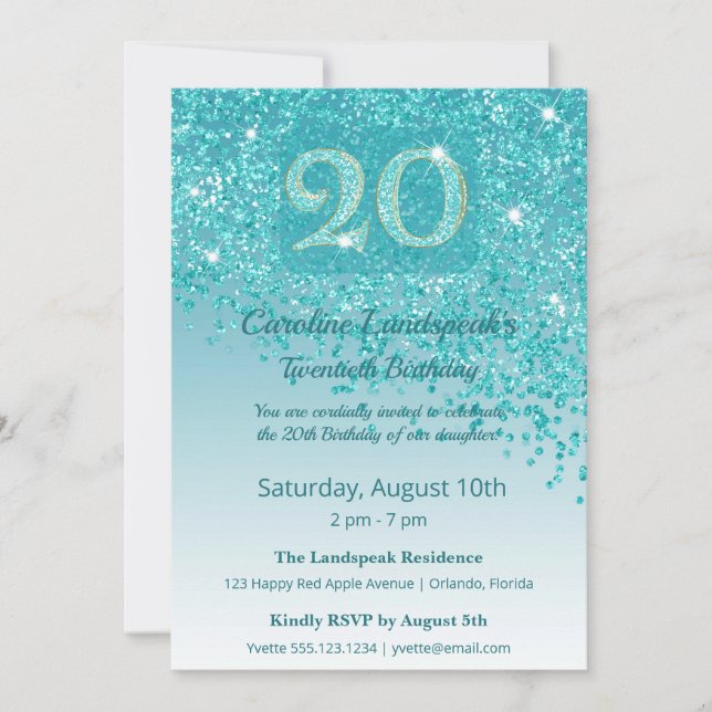 Convite Chic 20th Birthday Teal Blue Glitter (Frente)
