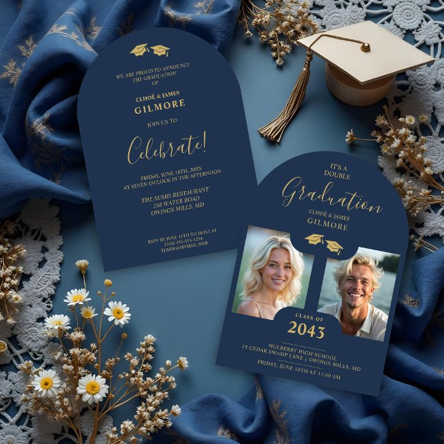 Convite Chic 2-Photo Twins Graduation Fake Golden Blue (Chic 2-Photo Double Twins Graduation Fake Golden and Blue Whimsical Modern Calligraphy Invitation.)
