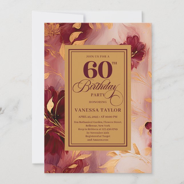 Convite Chic 60th Birthday Marsala Blush Gold Boho Invite (Frente)