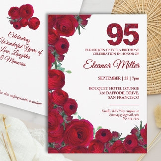 Convite Chic 95º Aniversário - Número 95 Floral Vermelho O