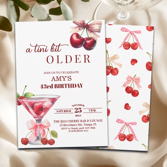 Convite Chic A Tini Bit Older Cherry Martini 43rd Birthday (Criador carregado)