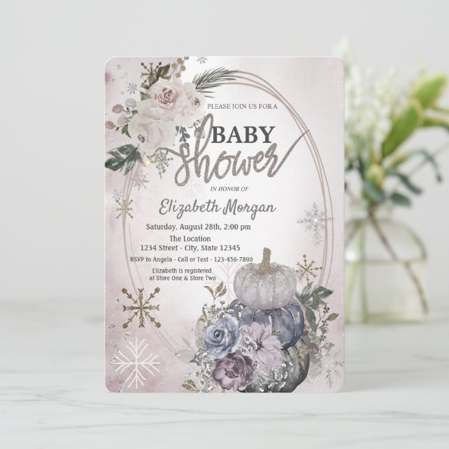 Convite Chic Abóboras Boho Flores Chá de Bebê (Em pé/Frente)