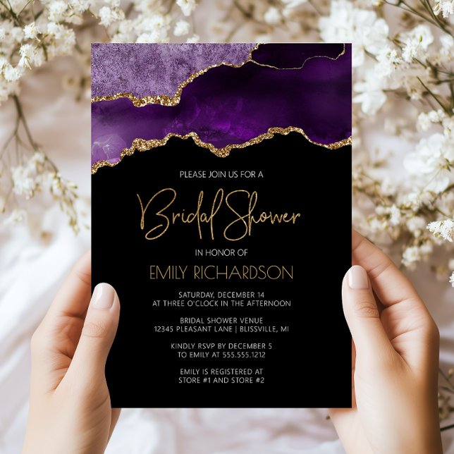 Convite Chic Ágata Geodo Roxo Dourado Chuveiro de Noiva (Criador carregado)