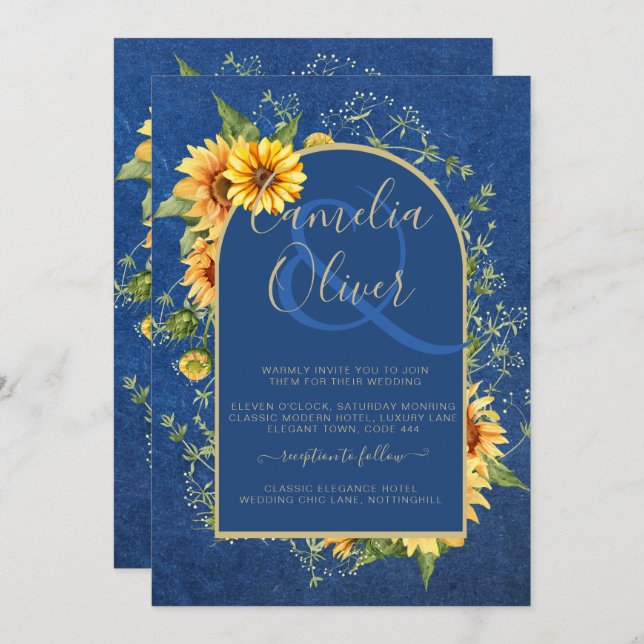 Convite Chic All in1 Rustic Sunflower BLUE Yellow Wedding (Frente/Verso)