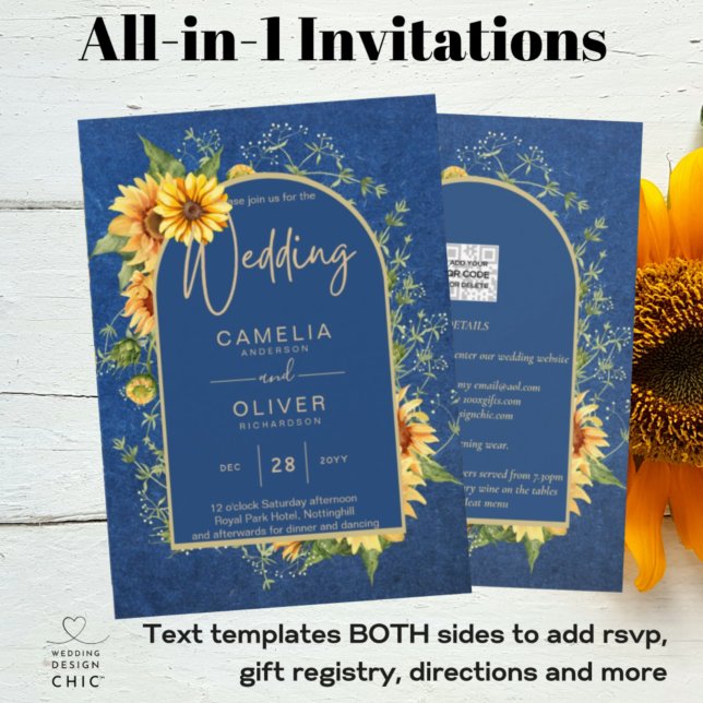 Convite Chic All in1 Rustic Sunflower BLUE Yellow Wedding (Criador carregado)