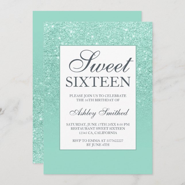 Convite Chic aqua glitter elegante chic Sweet 16 (Frente/Verso)