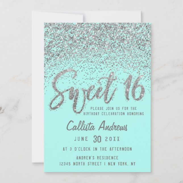 Convite Chic Aqua Teal Silver Disparado Glitter Sweet 16 (Frente)