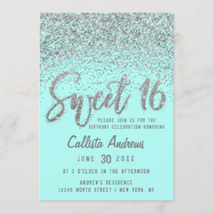 Convite Chic Aqua Teal Silver Disparado Glitter Sweet 16