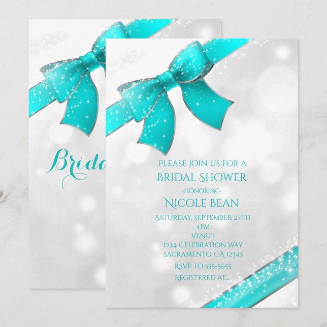 Convite Chic Aqua Turquesa Azul Laço e Brilhos (Frente/Verso)