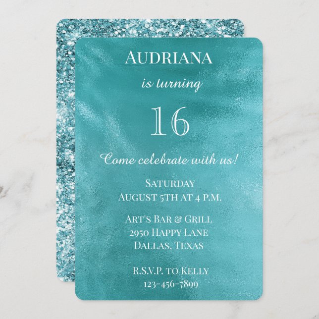 Convite Chic Aqua Turquoise Blue Glam Birthday (Frente/Verso)