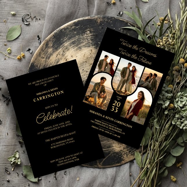Convite Chic Arched Collage Double Grads Twins TMF26 (Stylish Double Graduation Invitation with Five Arched Photo Placeholders and Luxury Gold Effect.)