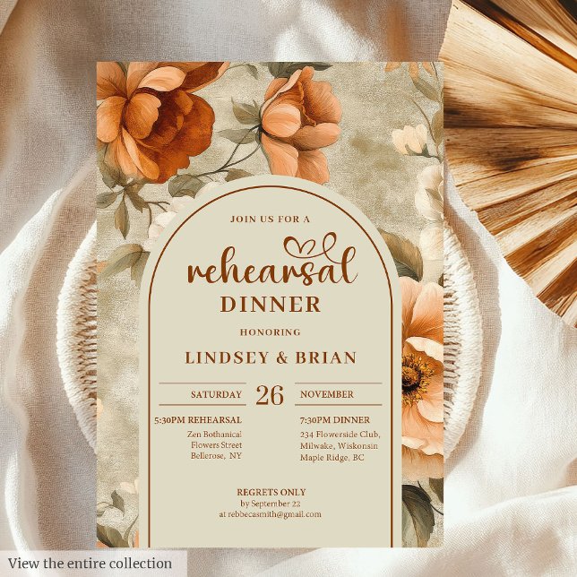 Convite Chic Atemporal Bege Cobre Oliva Floral Ensaios (Timeless Copper Beige Olive Floral Rehearsal Invitation)