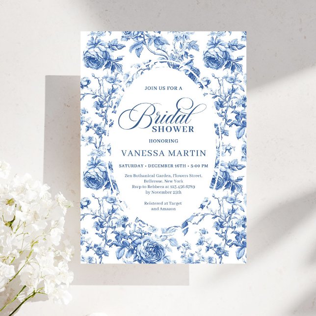 Convite Chic Atemporal Navy Chinoiserie Toile Chá de Noiva (Timeless Navy Chinoiserie Toile Bridal Shower Invitation)