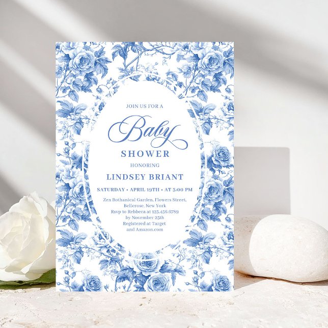 Convite Chic Atemporal Royal Azul Toile de Jouy Chás de Be (Timeless Royal Blue Toile de Jouy Baby Shower Invite)