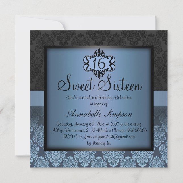 Convite Chic Azul Elegante Damask Sweet16 (Frente)